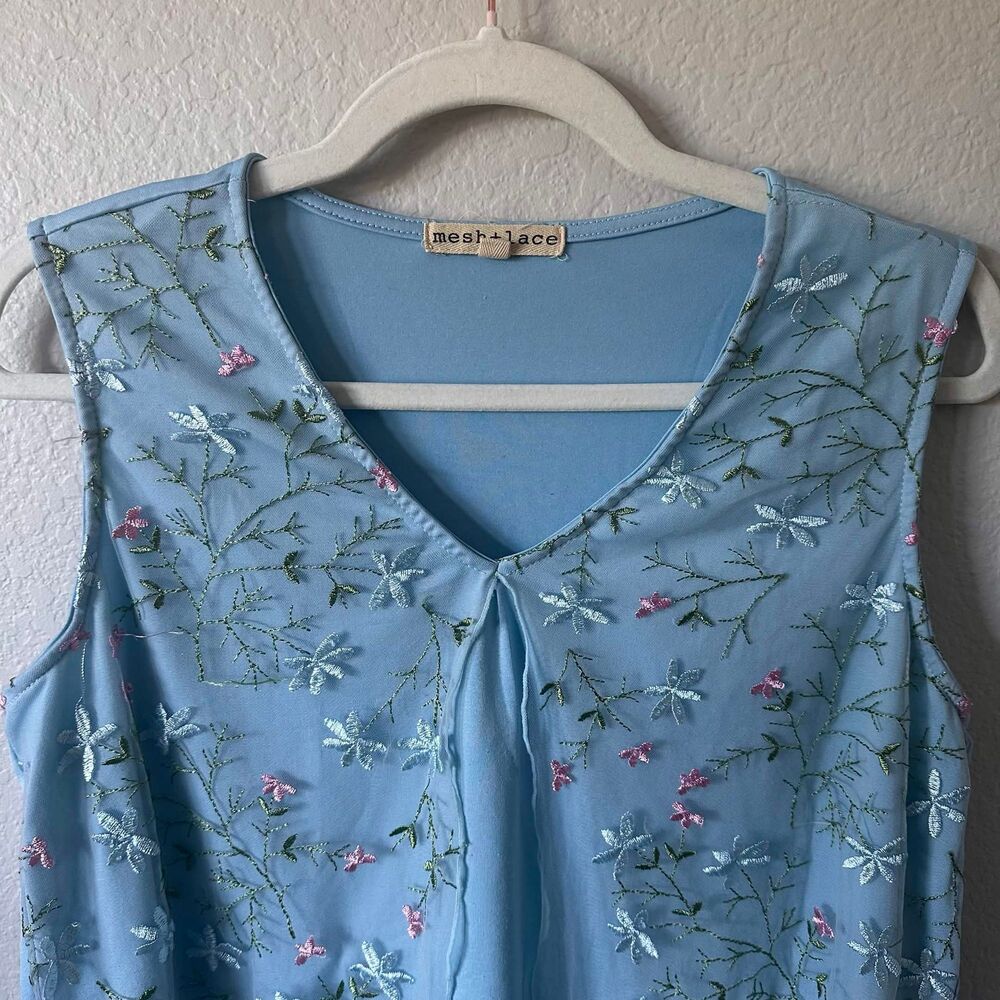 Mesh+Lace Blue Floral Embroidered Mesh Overlay Tank Top-Size M-Fairycore Cottage - Picture 2 of 8